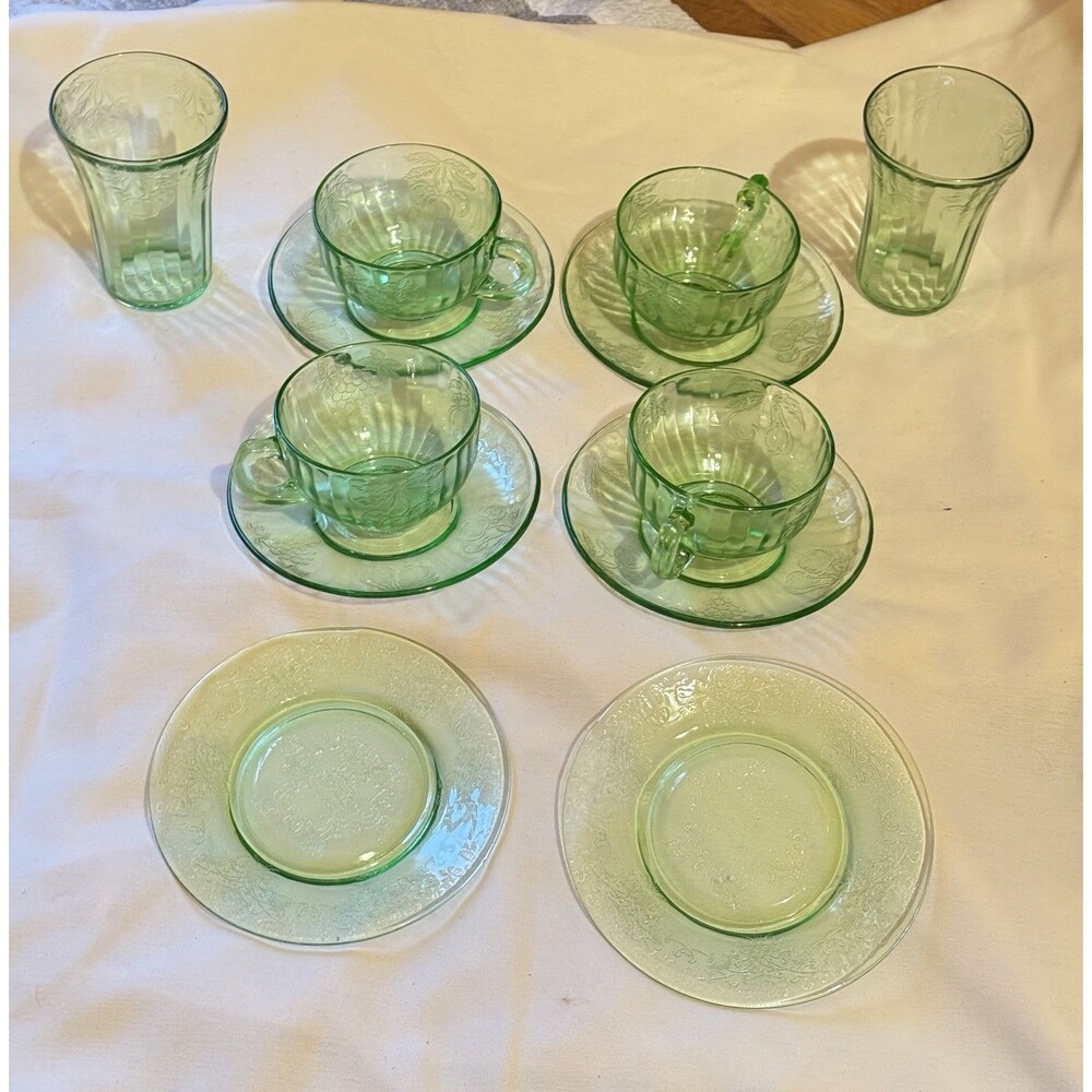 Hazel Atlas Uranium Green Depression Glass Tea Set 12 Pc Cups Tumblers Plates
